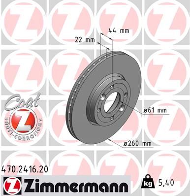 Диск тормозной передний вентилируемый ZIMMERMANN 470241620