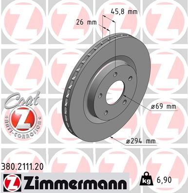 Диск тормозной передний вентилируемый ZIMMERMANN 380211120