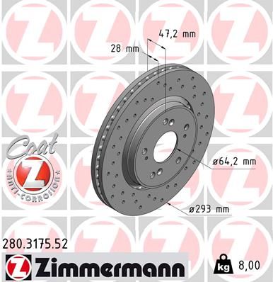 Диск тормозной передний перфорированный ZIMMERMANN 280317552